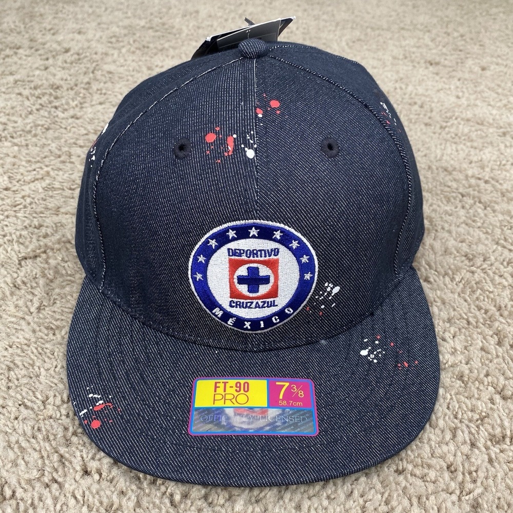 Cruz Azul Fan Ink Hat Football Soccer‎ Navy Paint Splatter Fitted 7 3/8 Cap NWT